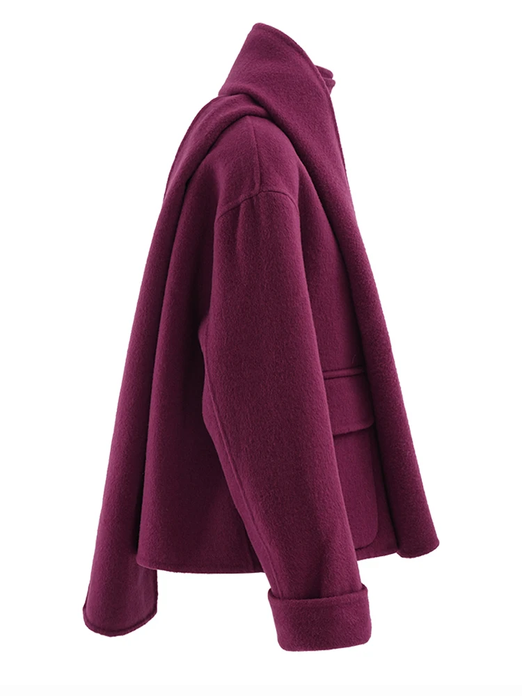 [EAM] Purple With Scarf Big Size Short Woolen Coat New O-neck Long Sleeve Women Jacket Fashion Tide Autumn Winter 2025 CPG2171