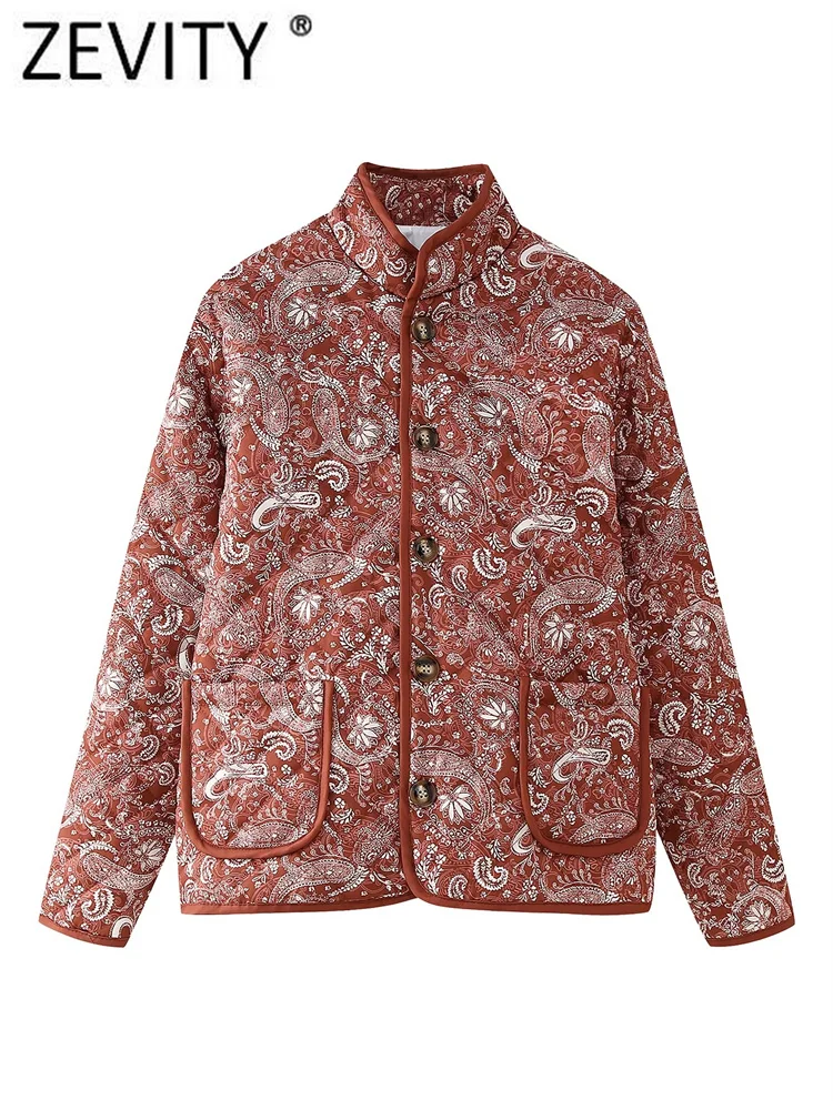 ZEVITY New Women Vintage Stand Collar Paisley Floral Print Quilted Cotton Jacket Coat Female Cashew Nuts Winter Chic Tops CT7157