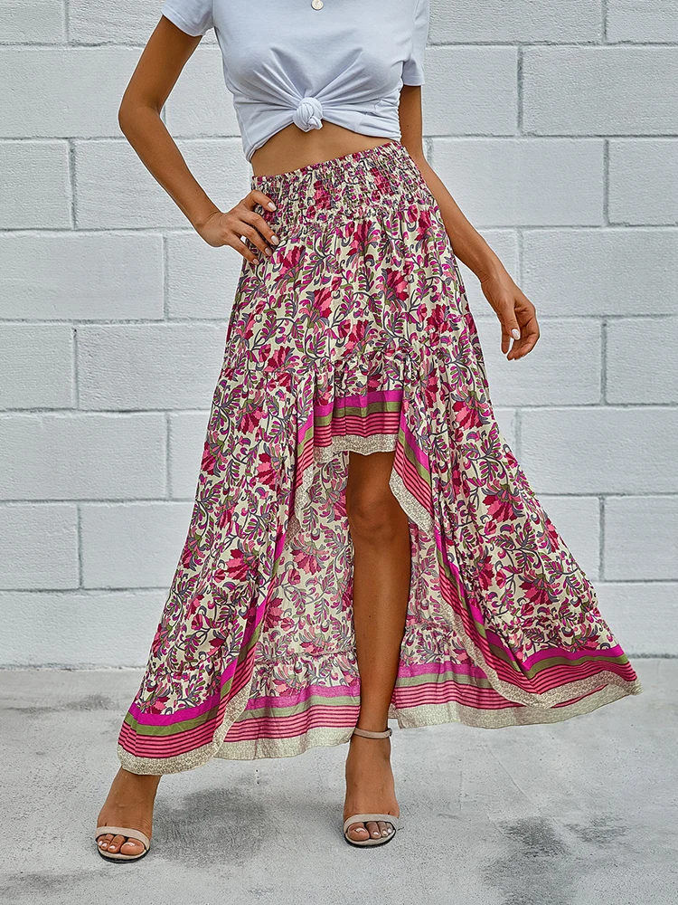 Summer Boho Floral Print Skirt Women Elastic Waist Ruffle Hem Dress Fashion Irregular Long Skirt Female Holiday Beach Sundress