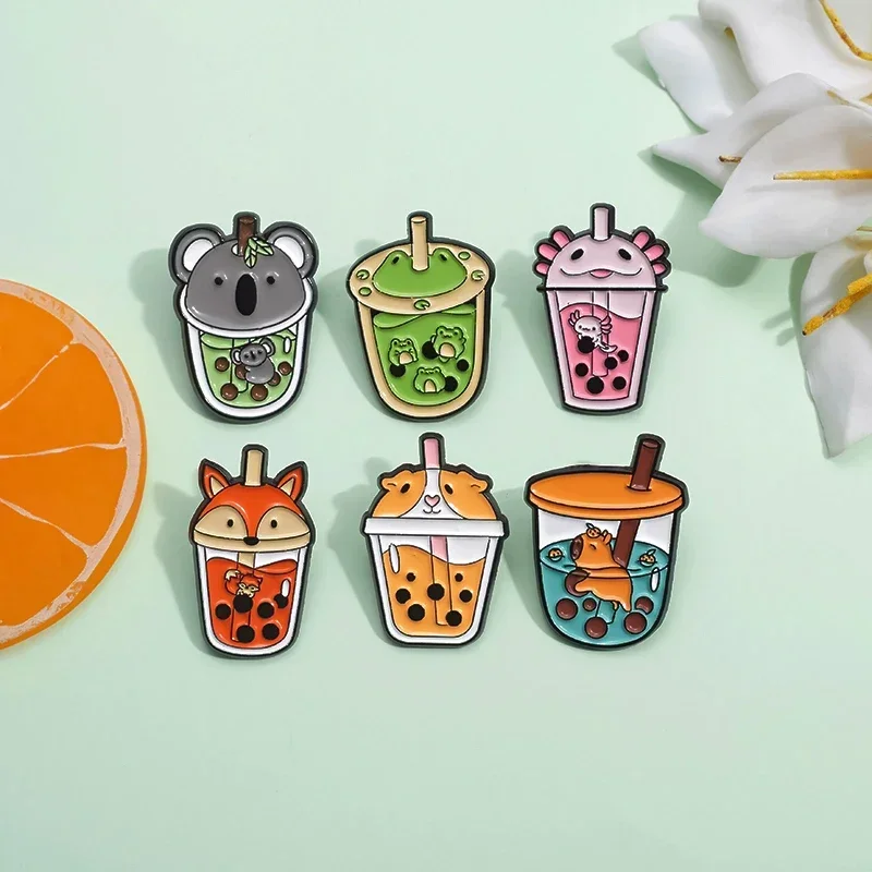 Cartoon Animal Pearl Bobo Milk Tea Enamel Pin Cute Hippo Fox Frog Dog Cup Brooches Lapel Backpack Badges Jewelry Pin Wholesale view 6