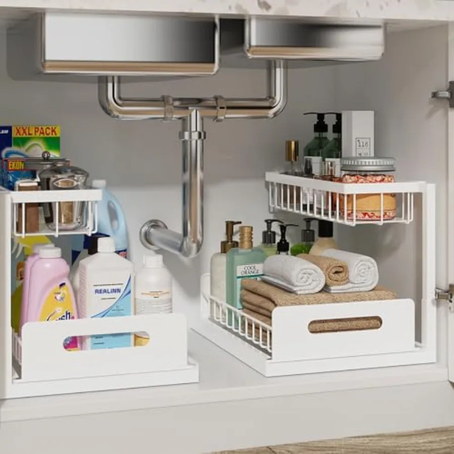

Under Sink Organizer, Pull Out Cabinet Organizer, 2 Tier Metal Slide Out Shelf with L Shaped Design for Kitchen, Bathroom, Laun