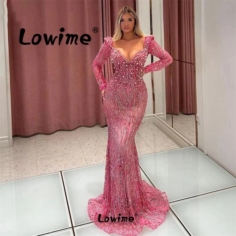 Lowime Aso Ebi Crystals Mermaid Prom Dress Pink Evening Gowns Formal Party Engagement Dresses Long Sleeve Robes Custom Made 2024