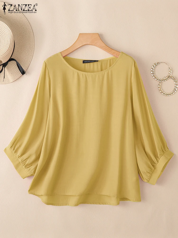 ZANZEA Elegante Camicia da Lavoro Manica 3/4 Camicetta da Donna Autunno 2025 Donna Magliette e camicette Casual Solido O Collo Allentato Blusas Femminile Mujer Oversize