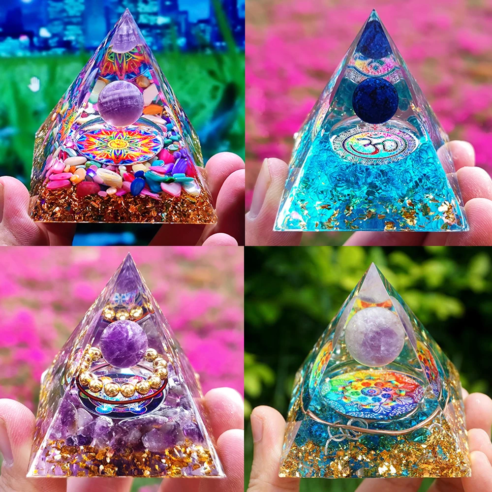 Energy Generator Orgone Pyramid Amethyst Peridot Healing Crystal Stone Home Decor Pyramid Ornament Meditation Tool Christmas Gif