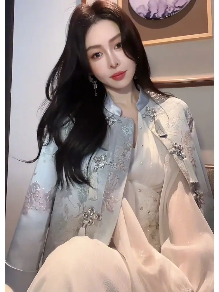 

2024 autumn chinese style graceful qi pao top lady elegant jacquard women's coat tang suit panbuckle embroidery short hanfu top