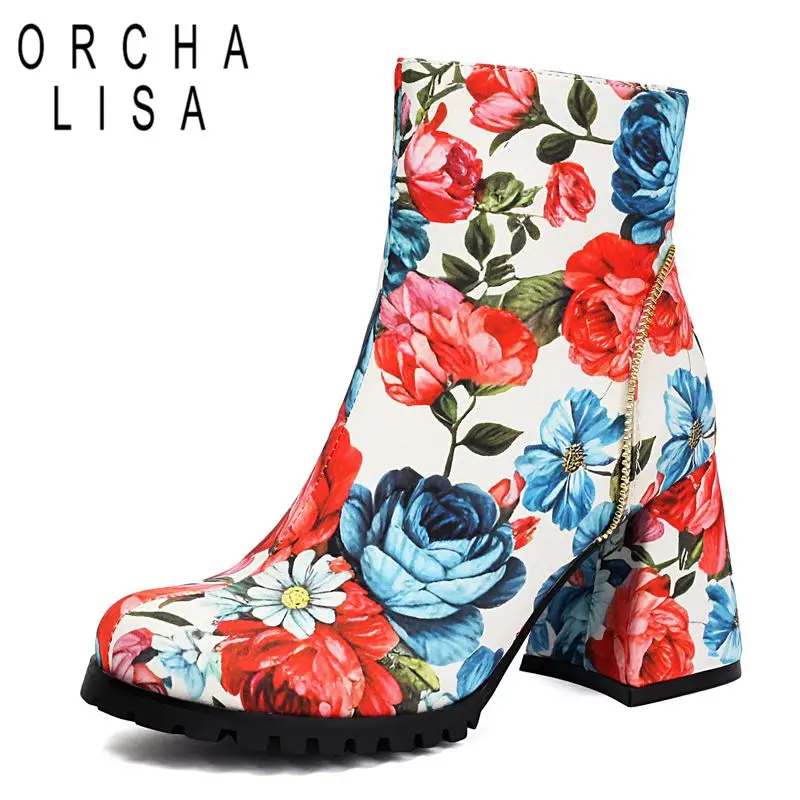 

ORCHA LISA 2025 Модные женские ботильоны с круглым носком и блочным каблуком 8 см на молнии с цветком, смешанные цвета, большие размеры 45, 46 47 48 Dating Bota