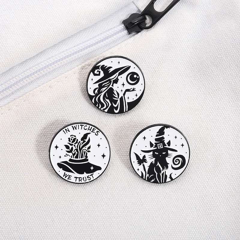 

Magic Witch Hat Black Cat Enamel Pins Custom In Witches We Trust Brooches Lapel Badge Halloween Punk Jewelry Gifts for Friends