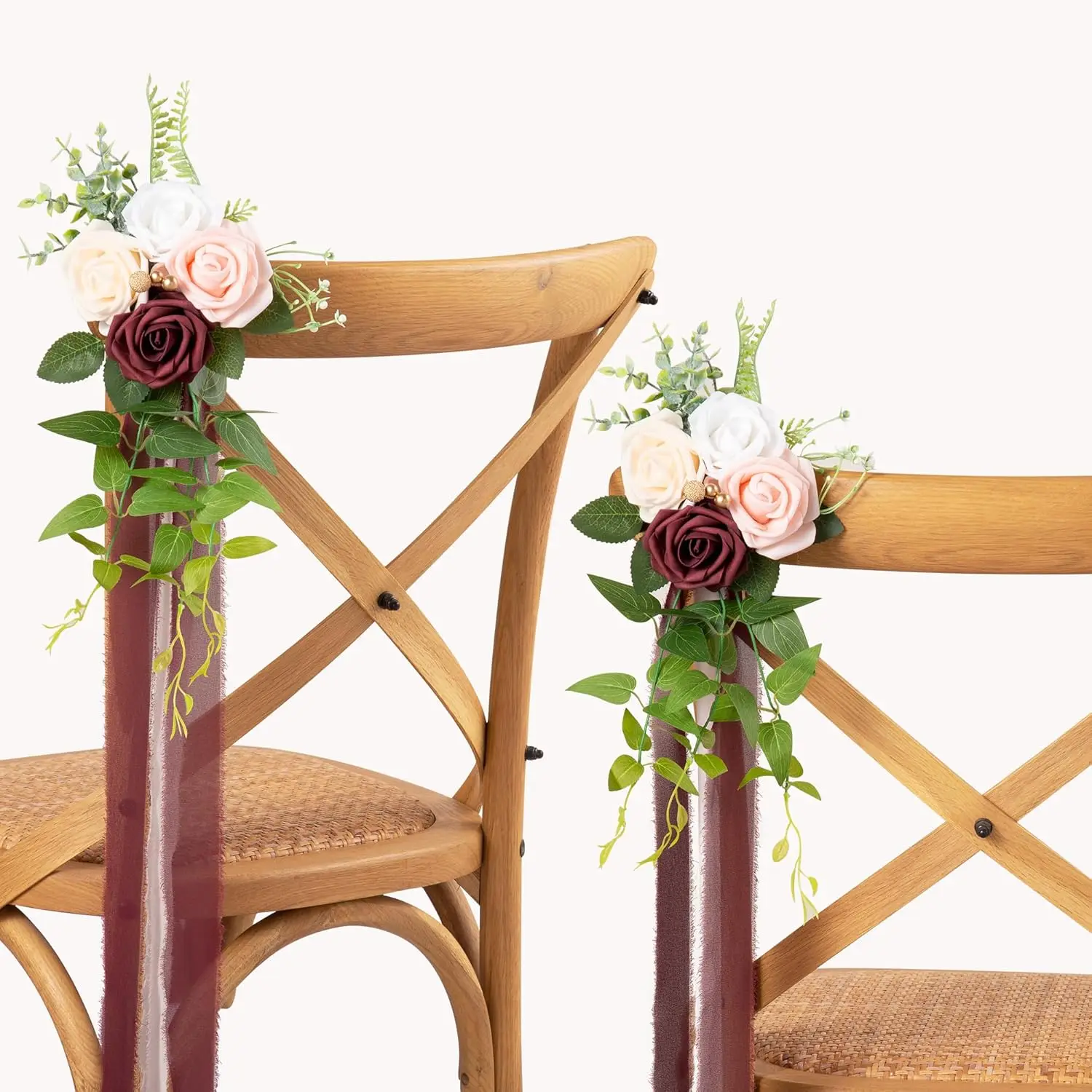 

Wedding Chair Decorations Set of 10 with Artificial Flowers, Eucalyptus, and Ribbons for Ceremony Party Aisle