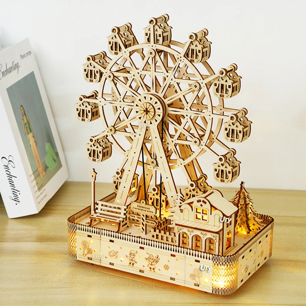 3D De Madeira Rotatable Ferris Wheel Puzzles, Caixa De Música LED, Kit Modelo Mecânico, Decoração De Montagem, Brinquedo DIY, Presente para Criança, Adulto