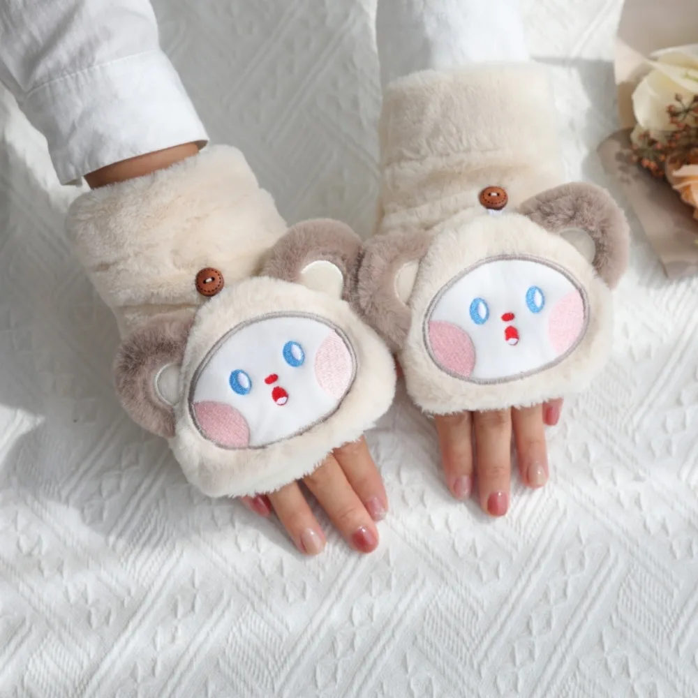 Fashion Cartoon Animals Cartoon Winter Gloves Flip Cover Soft Plush Pig Gloves Korean Style Thicken Half Finger Gloves Girls