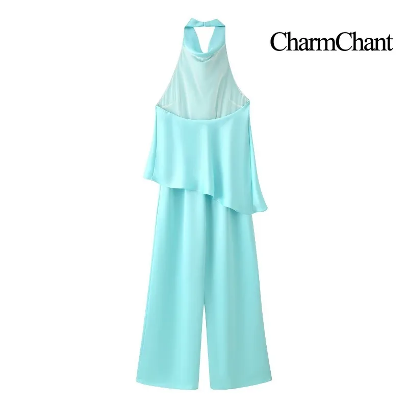 CHARMCHANT Women's Satin Halter Backless Wide Leg Jumpsuit Asymmetrical Sleeveless Long Pants Romper Elegant Outfit Summer 2026 view 2