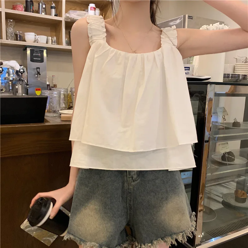 Chic Women Tank Top Summer Clothes 2024 New Korean Popular Style Female Casual Sleeveless Layered White Khaki Tops Vest