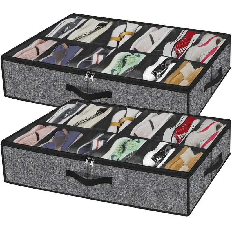 Shoe Storage Organizer Box with Reinforced Handles for Under Bed, Fit 12 Pairs, Collapsible Closet Underbed Shoes Container Bags