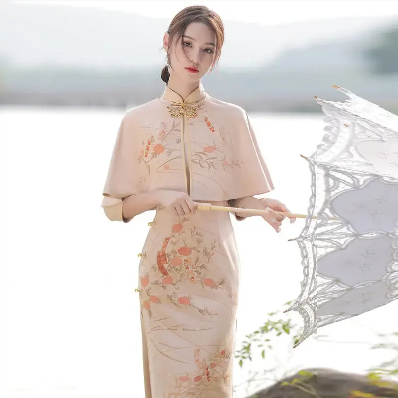 

Improved Cheongsam 2024 Autumn Winter New Retro Chinese Style Suede Elegant Cheongsam Shawl Two-piece Dress