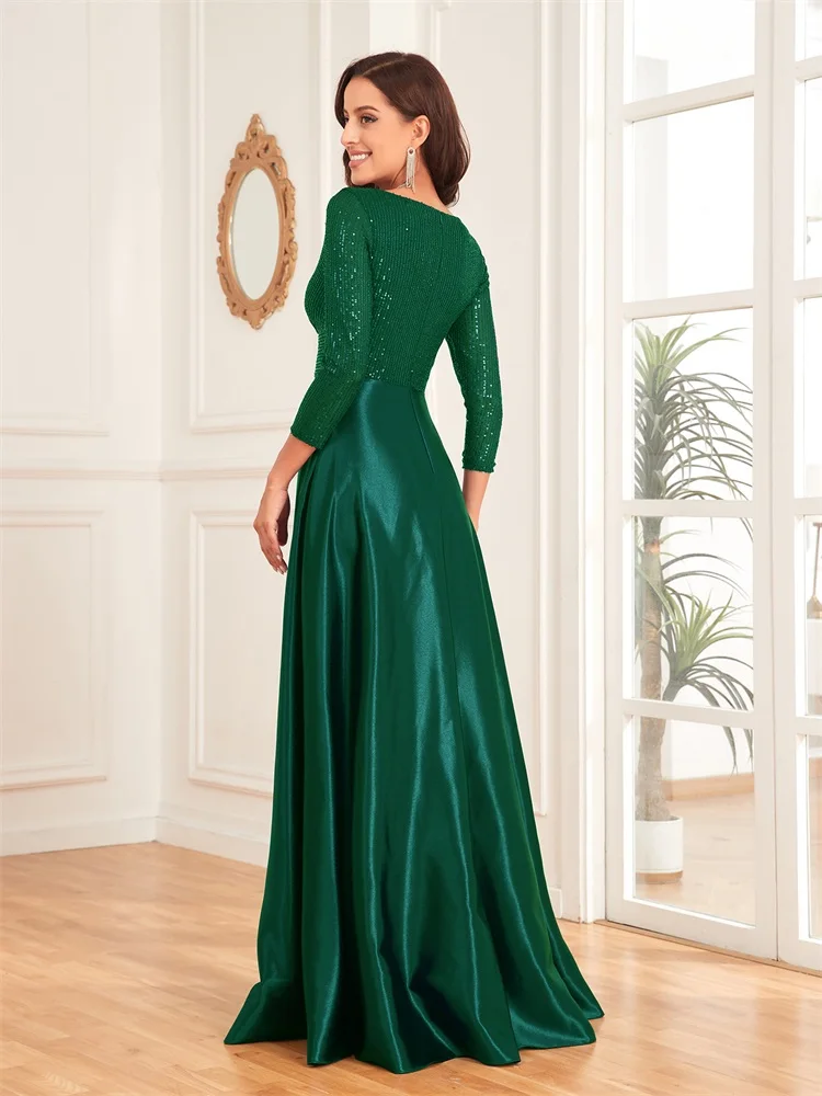 Lucyinlove-Vestido de luxo com decote em v verde lantejoulas feminino, festa de casamento elegante, vestido longo de baile, 2022