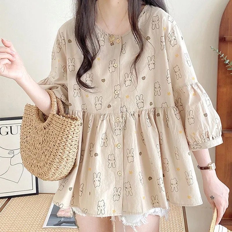 Japanese Cute Rabbit Full Printed Kawaii Shirts Loose Doll A-shape Blouse Summer Lantern Sleeve Skirt Hem Korean Girls Women Top