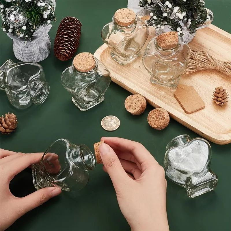 8 Pack 60ml Heart Shaped Candy Glass Jars Wedding Favor Jars Wish Drifting Bottle with Cork Lids Label Tags and String for Candy