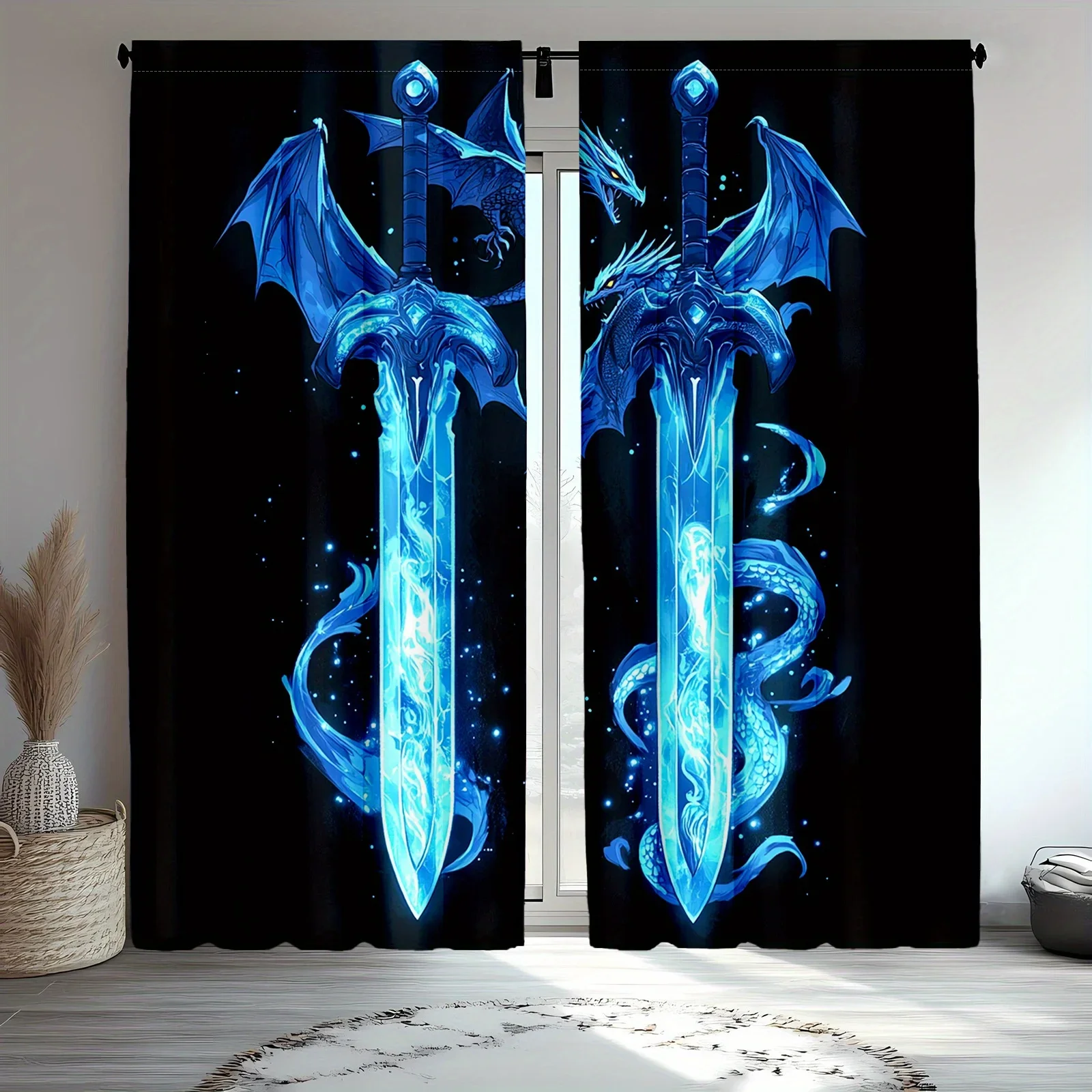 2pcs Dragon and Sword Blackout Curtains – Featuring Frost Sword and Winged Dragon Design, Ideal for Bedroom or Living Room