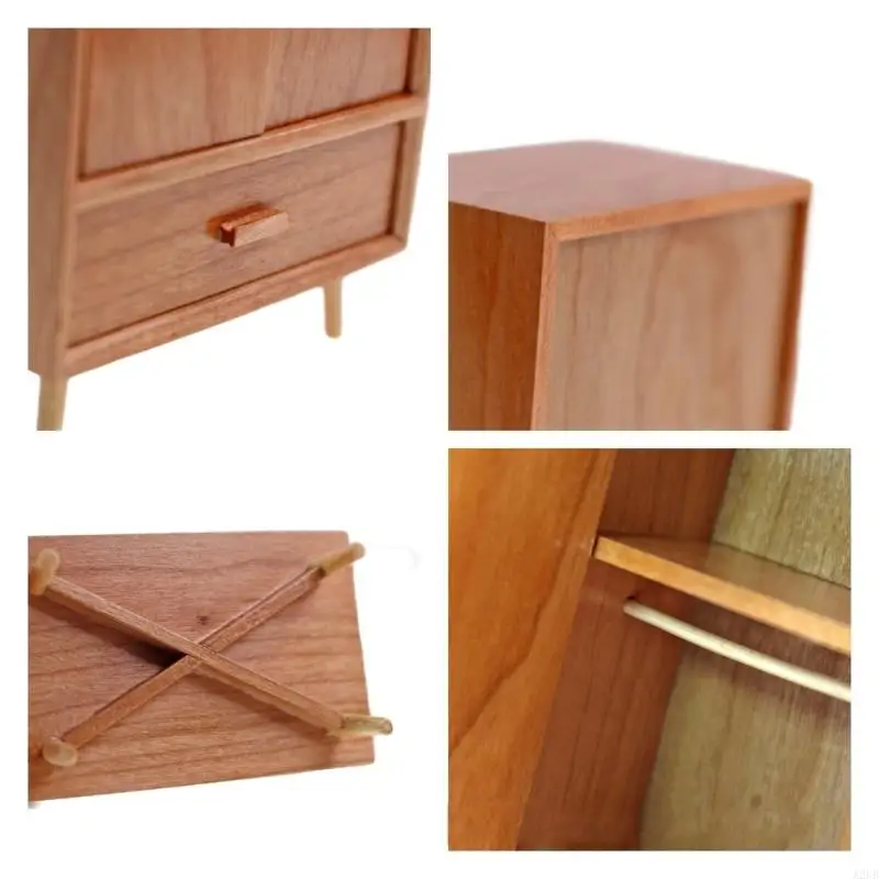 Puppenhausmöbel Maßstab 1:12, Miniatur-Kleiderschrank aus Holz mit Doppeltüren und funktionaler Schublade für eine Szene A2UB – Detail 2
