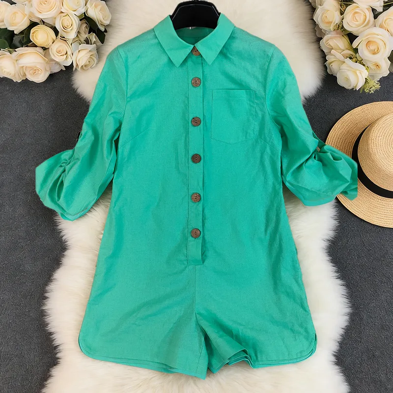 Women Rompers Playsuits Pocket Turn Down Collar Single Breasted Long Sleeves Mini Length Loose Jumpsuits Casual 2026 Spring
