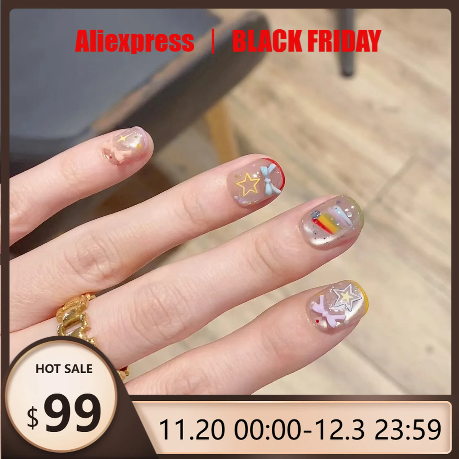 

10pcs Handmade Nails Exquisite & Sweet Dopamine-Style Hand-Painted Star Doodles Instagram-Inspired Cartoon Press-On Nail Tips