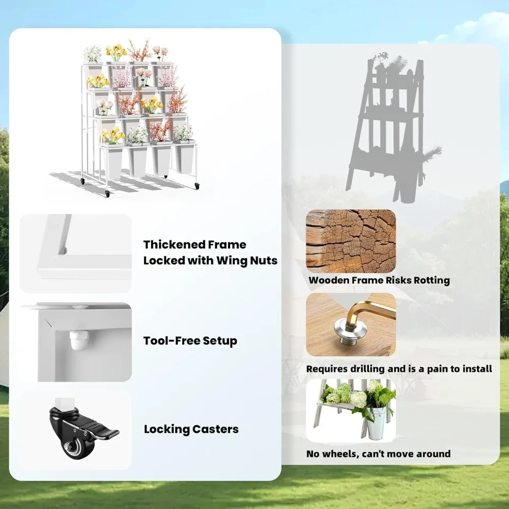 Carrello per piante mobile a 4 livelli per impieghi gravosi con 16 secchi per esposizioni floreali e facile trasporto con ruote