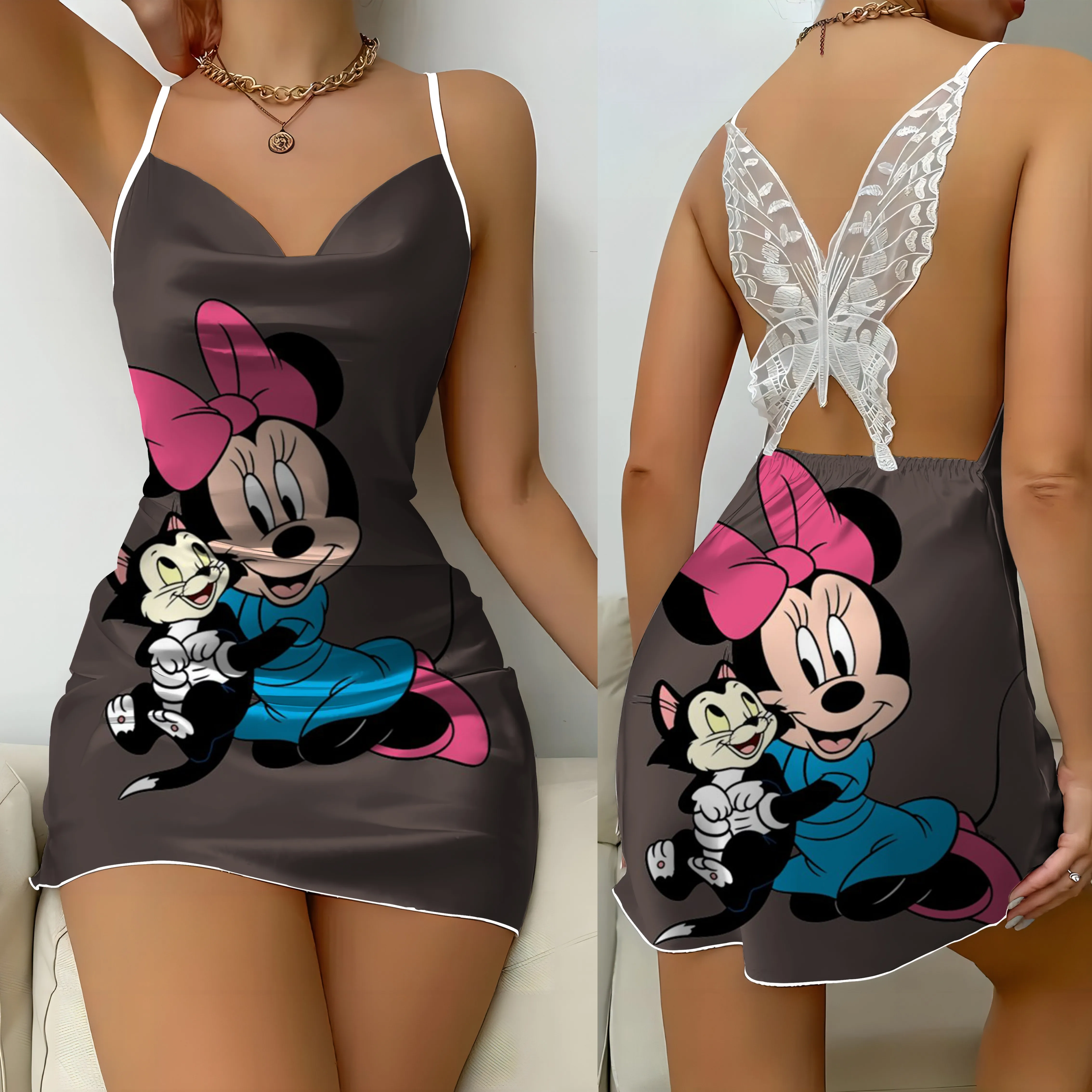 

Minnie Mouse Bow Knot Pajama Skirt Fashion Summer Dresses 2024 Backless Dress Satin Surface Mickey Disney Womens Party Mini Sexy