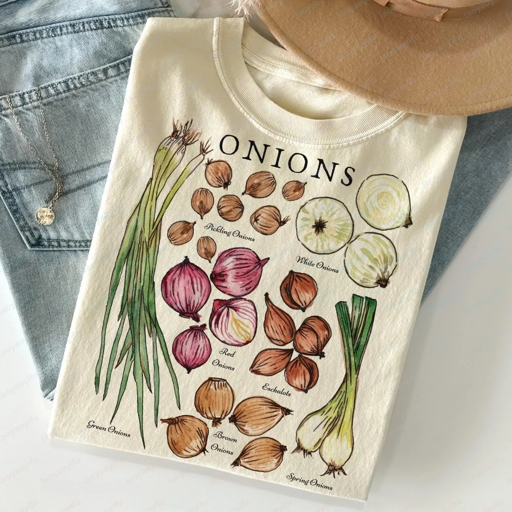Vintage Onion Botanical Botanical Onions Vegetable Cottagecore Garden Produce T-Shirt Foodie Gift Women Clothing Graphic Shirts