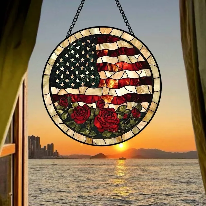 Stars and Stripes Rose Painted Glass Sun Catcher American Vintage Home Glass Window Hanging Holiday Decoration Gift