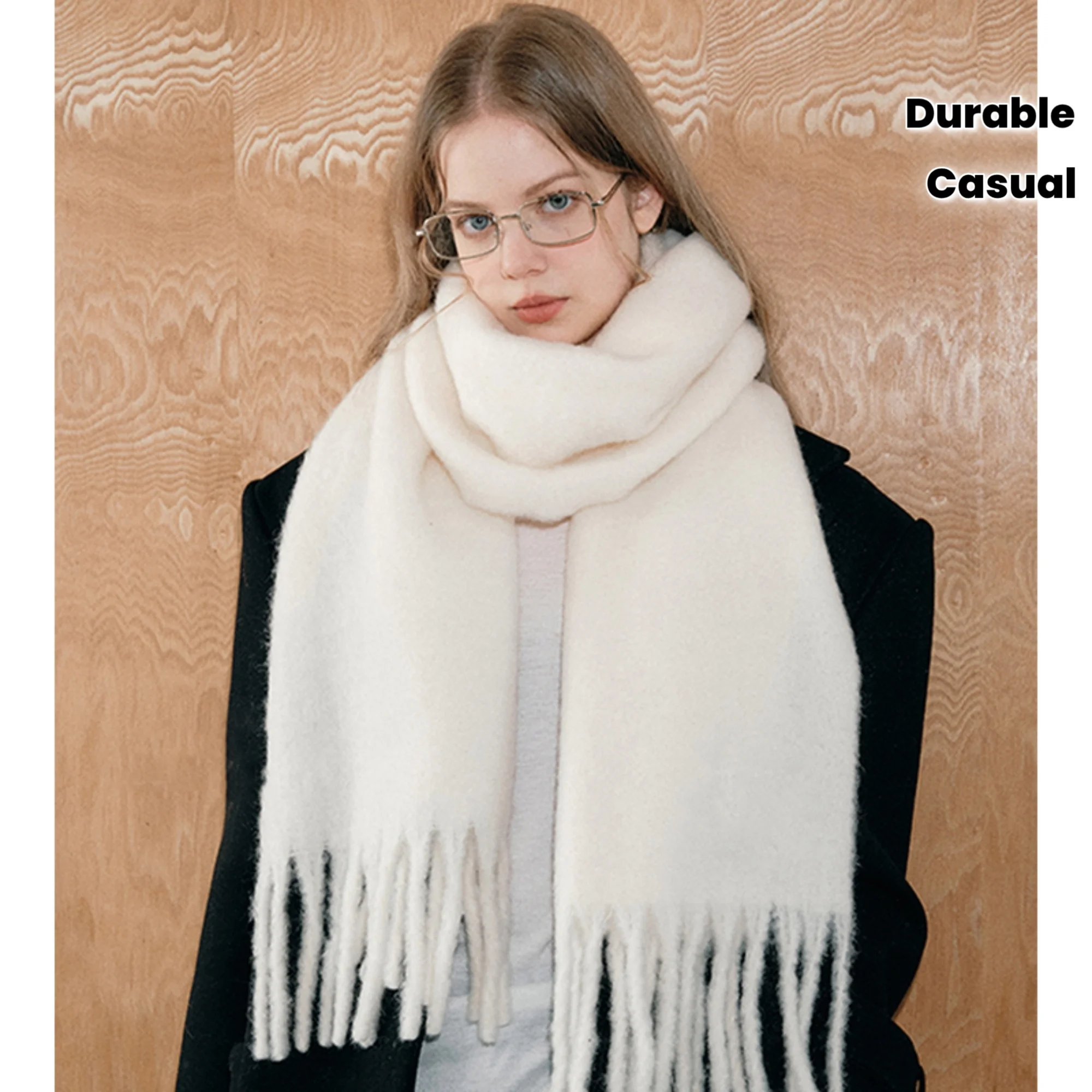 1pc Women's Elegant Thick Fleece Scarf - White Winter Warm Shawl with Tassels, Soft Durable Polyester Neck Wrap for Cold Weather, Christmas & New Year Gift, Formal/Casual Outfits (Sophisticated Style)