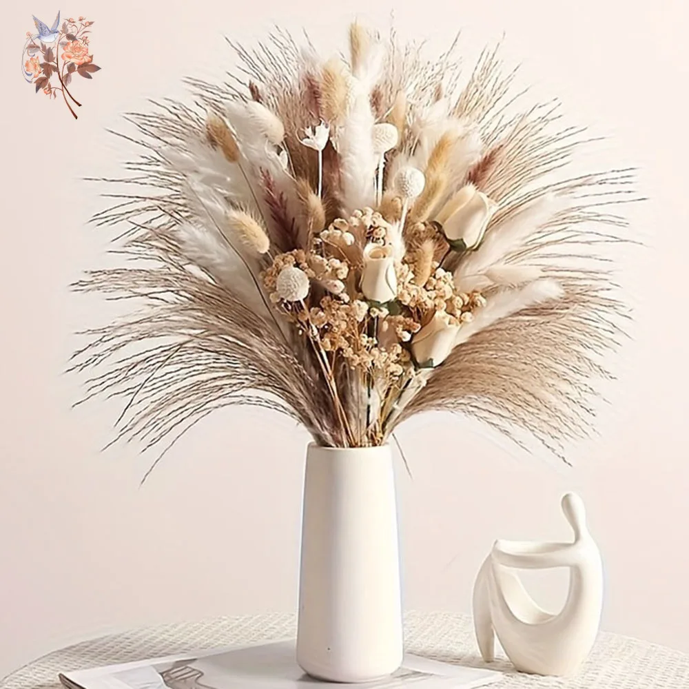 80Pcs Artificial Dried Flowers Bouquet for Interior Home Table Decor Faux Rose Real Touch Babys Breath Pampas Grass Vase Filler