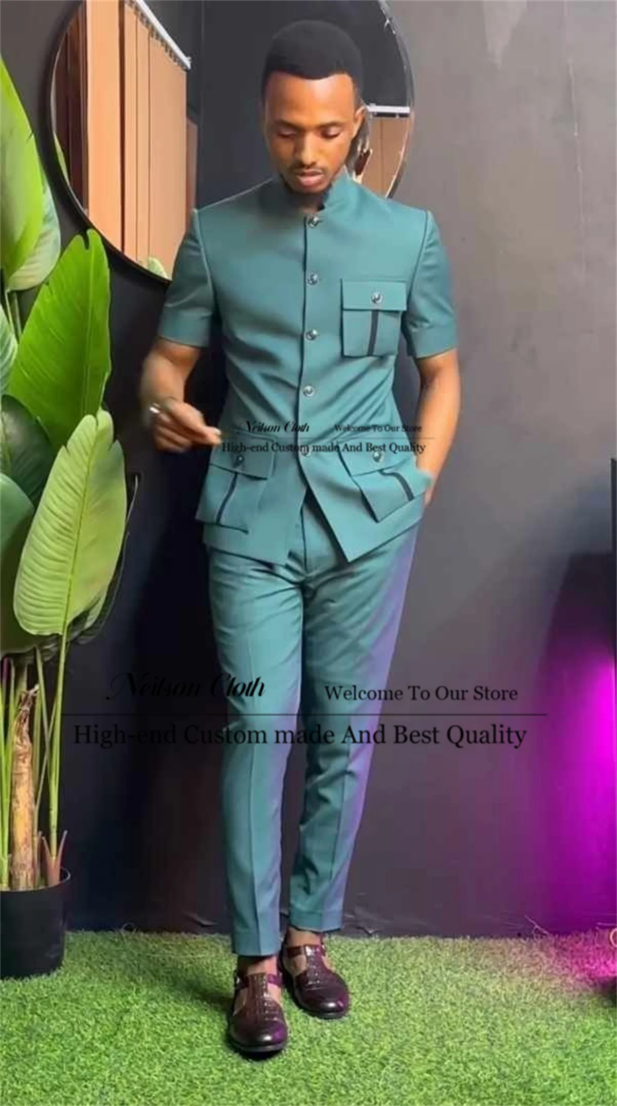 Summer Green Male Prom Blazers 2 Pieces Sets Single Breasted Groom Wedding Tuxedos Stand Collar Customized Terno Masculino