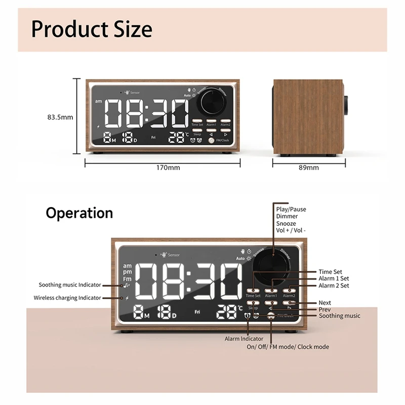 Винтажный двойной радиобудильник с беспроводной зарядкой, FM-радио, светодиодным дисплеем, диммером для спальни