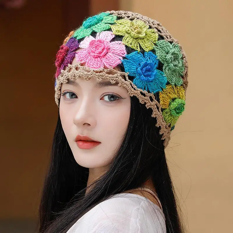 Gorro de malha à mão para mulheres, chapéu de cabeça oco, literário e artístico, flor colorida, moda doce, japonês, primavera, verão