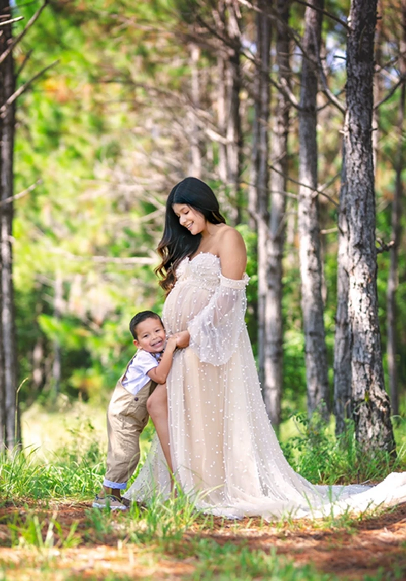 Designer Umstands kleid für Fotoshooting Perlen von der Schulter Langarm schwangere Frauen Kleider für Babys hower Party