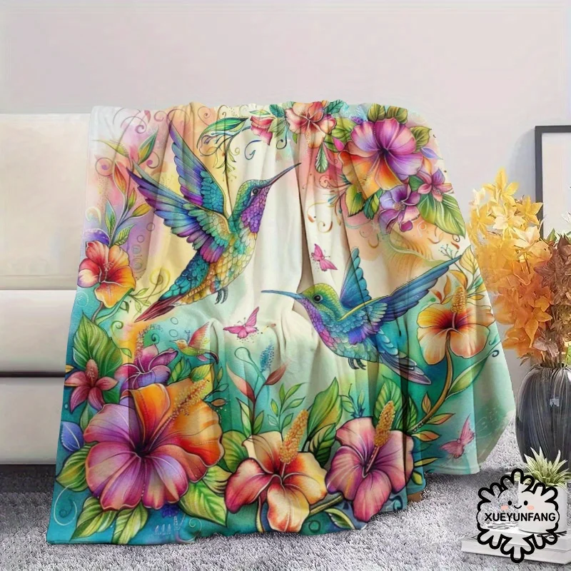 Vibrant Hummingbird & Floral Flannel Blanket - Soft, Warm, and Lightweight, Perfect for Napping, Camping, Travel, Office