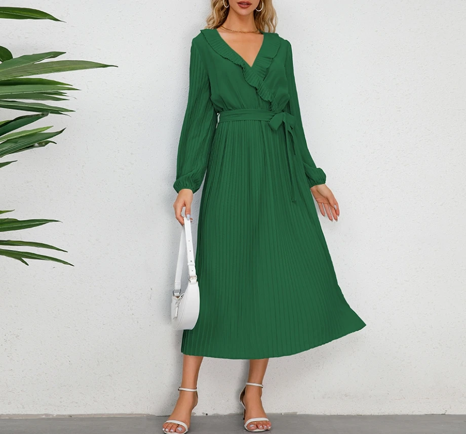 Women's Fashion New Dress Ruffle V-Neck Long Sleeved Pleated Skirt with Slim Fit and Elegant Style Shipped Within 48 Hours