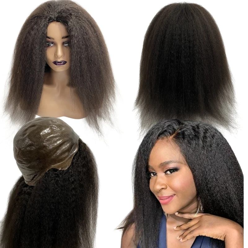 18 inches Indian Virgin Human Hair Natural Color Kinky Straight Medical Full PU Wigs for Black Woman