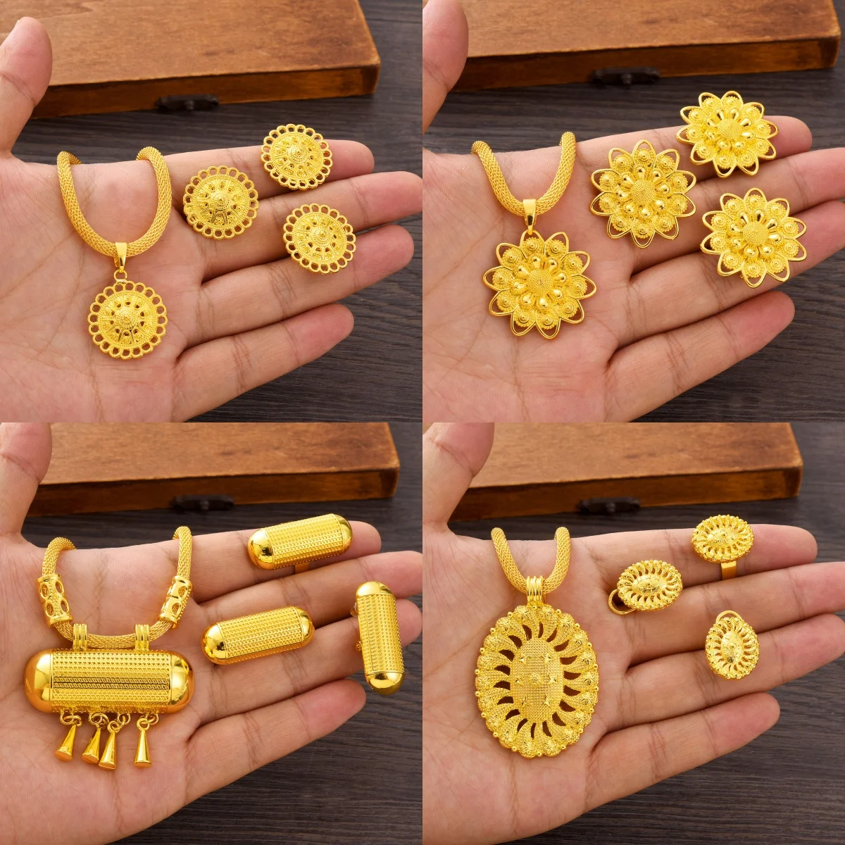 Discount Ethiopian Jewelry Sets Multiple Ring Earring Necklace 3-Piece Set African Eritrean Wedding Engagement Gift #221