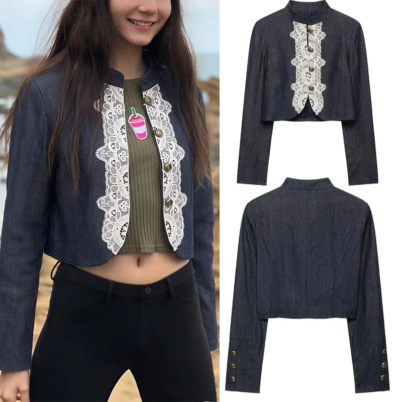Women's Lace Patchwork Short Coat Long Sleeve Stand Collar Casual Outerwear Slim Fit Button Detail Autumn Winter Fashion