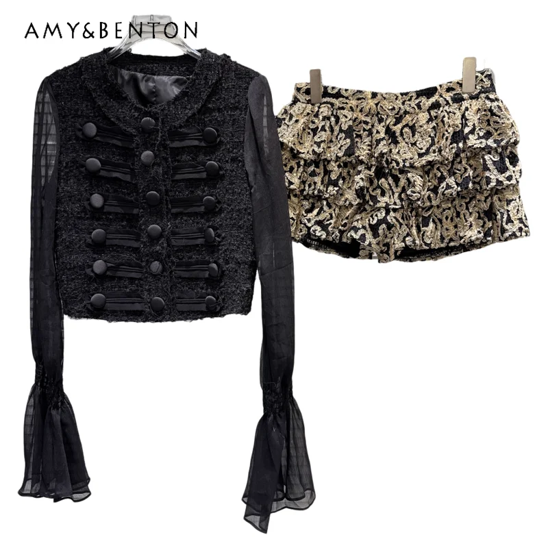 

2026 Spring Elegant Three-Breasted Mesh Sleeve Woolen Women's Coat Vintage Design Sweet Cool Embroidered Short Skirt Set Ladies