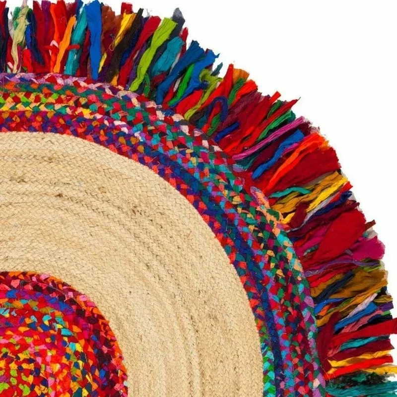 Rug Natural Jute & Cotton Bohemian Reversible Round Area Dhurrie Carpet Rug Bedroom Decor Round Rug Floor Mat In The Room