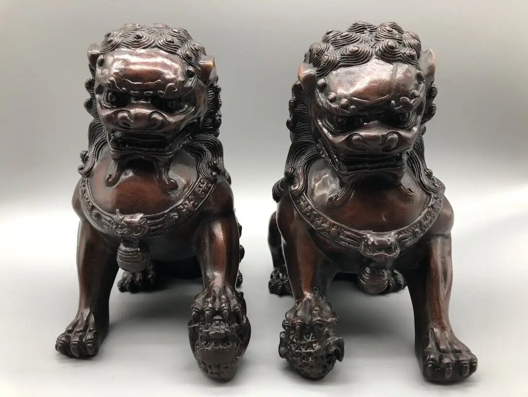 Collect exquisite Copper bronze Foo Fu Dog guardian Lion Pair lucky big Statue