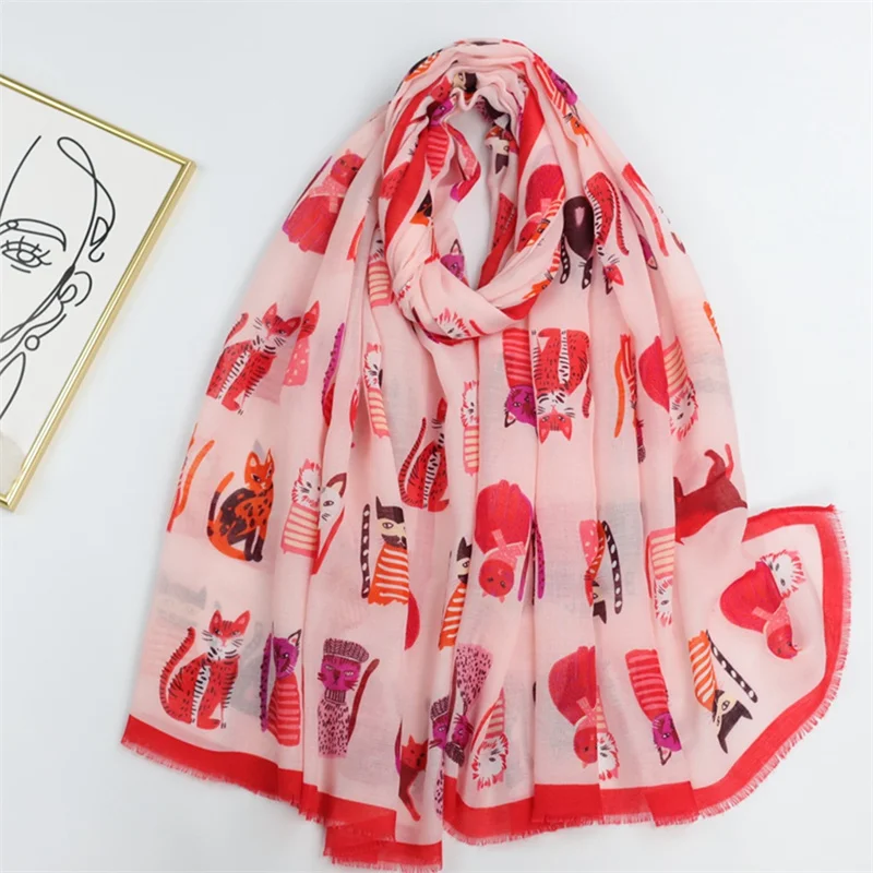 2023 Spain Lovely Cartoon Cat Pattern Fringe Viscose Scarf Lady Print Soft Shawls and Wraps Pashmina Muslim Hijab Sjaal 180*90Cm