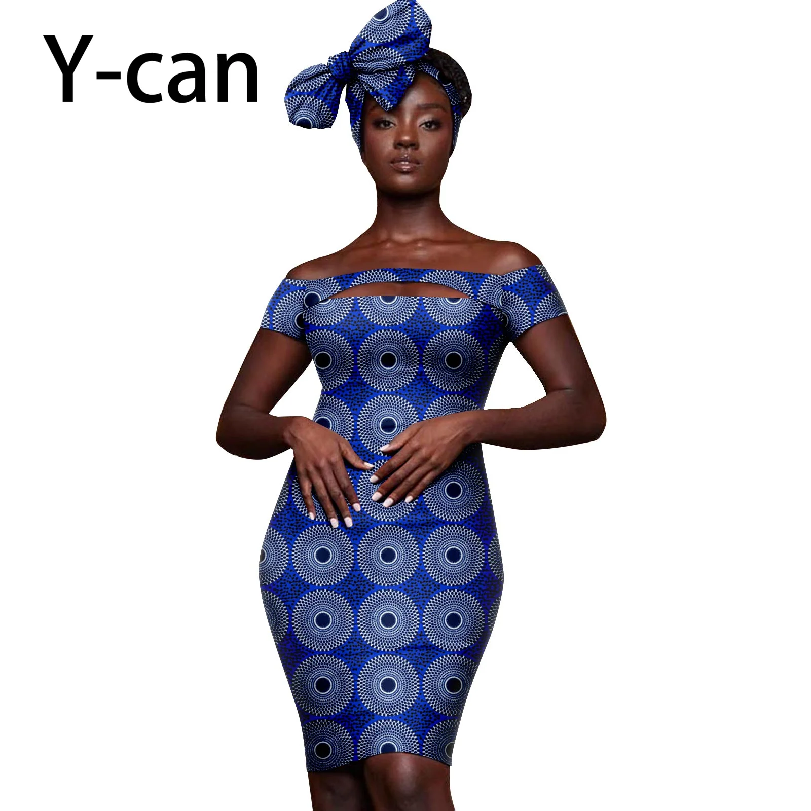 

African Mini Skirt for Women Sexy Fashion Dashiki Ankara Print Slim Off-Shoulder Dress with Bow Headband Bazin Riche Y2325086