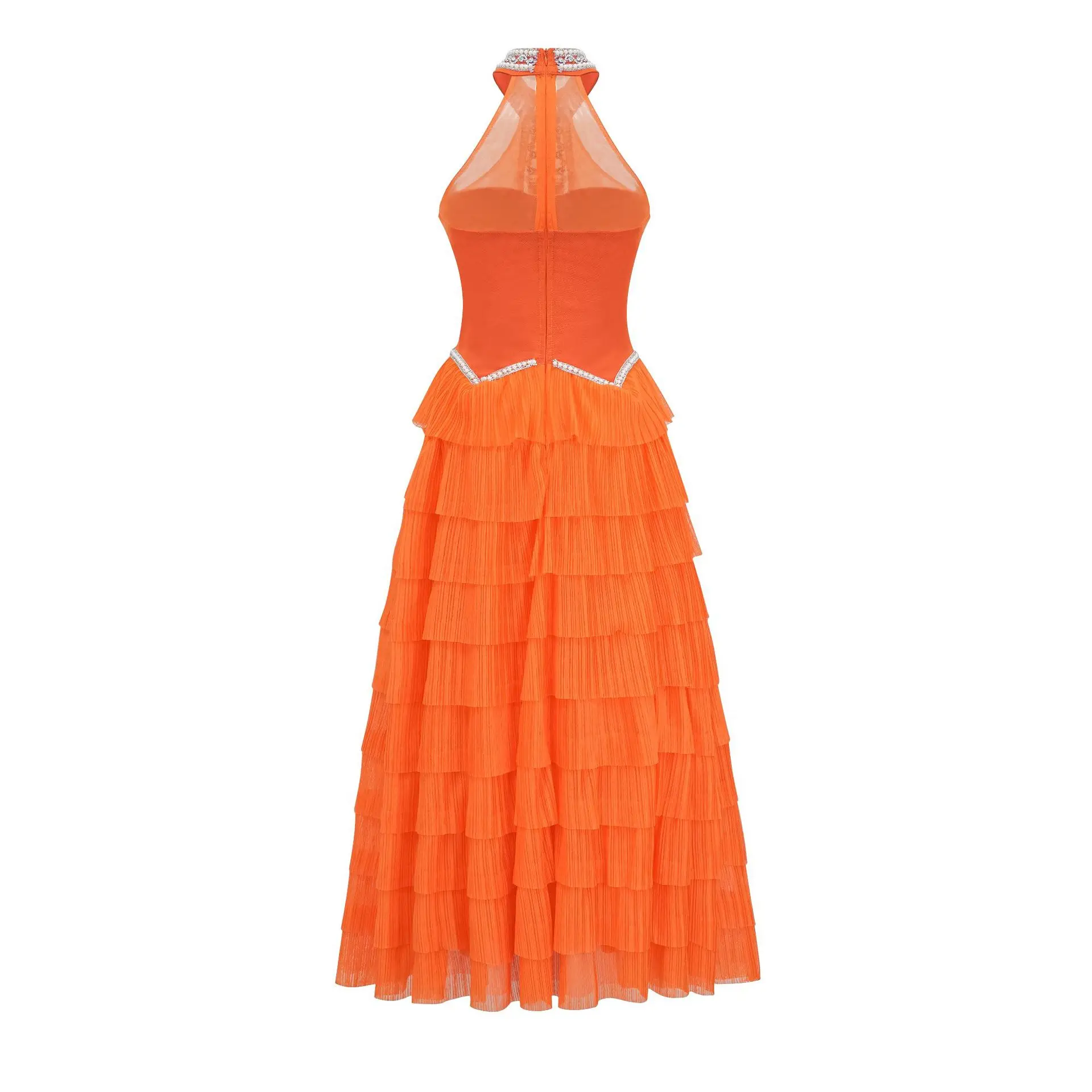 Halter Orange Tulle Ball Gown Layered Sleeveless A-line Evening Dresses Crystals Beaded Women Clothes New Fashion Prom Dress