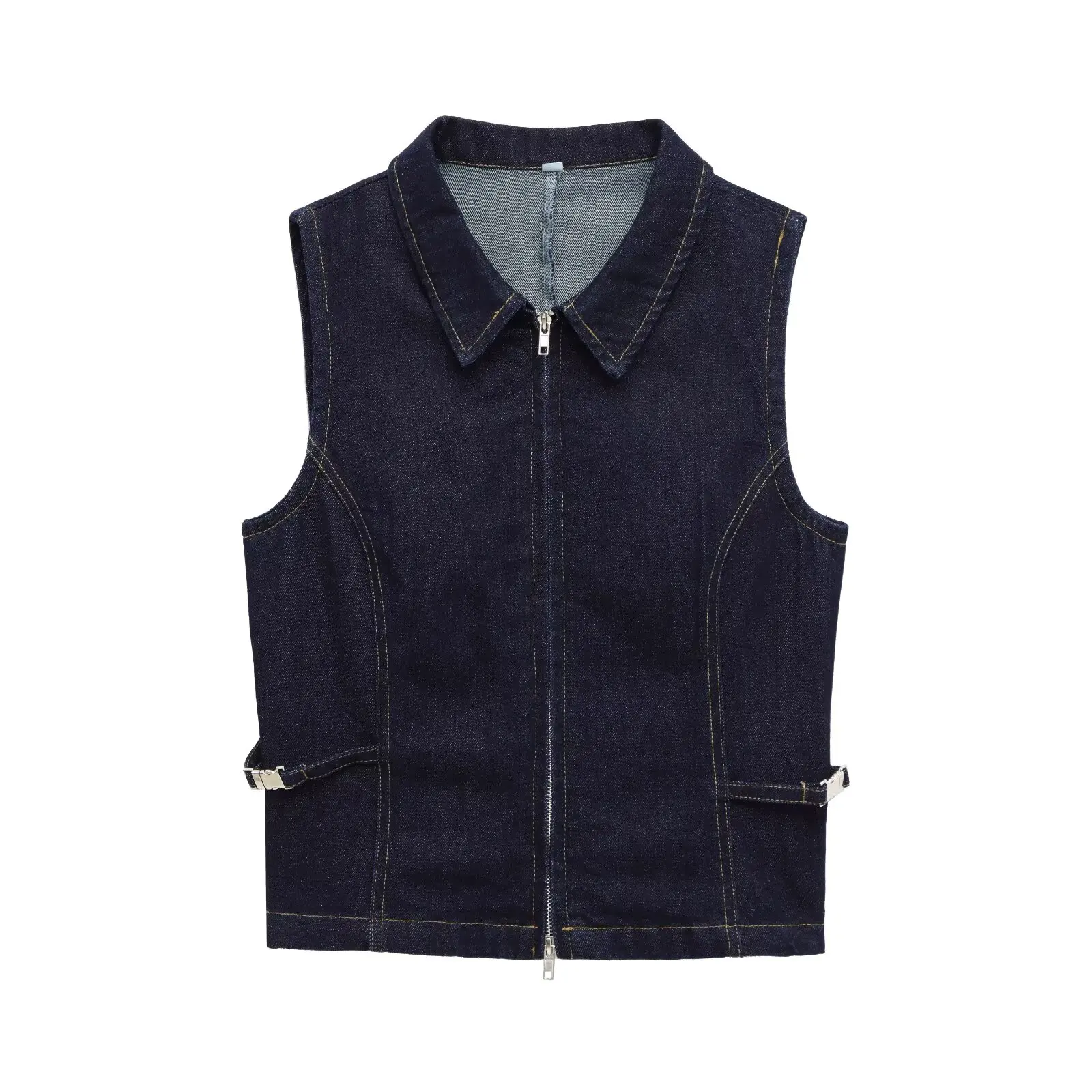 

ZEVITY Women Fashion Sleeveless Turn Down Collar Front Zipper Denim Vest Jacket Office Lady Casual Slim Waistcoat Tops CT9125