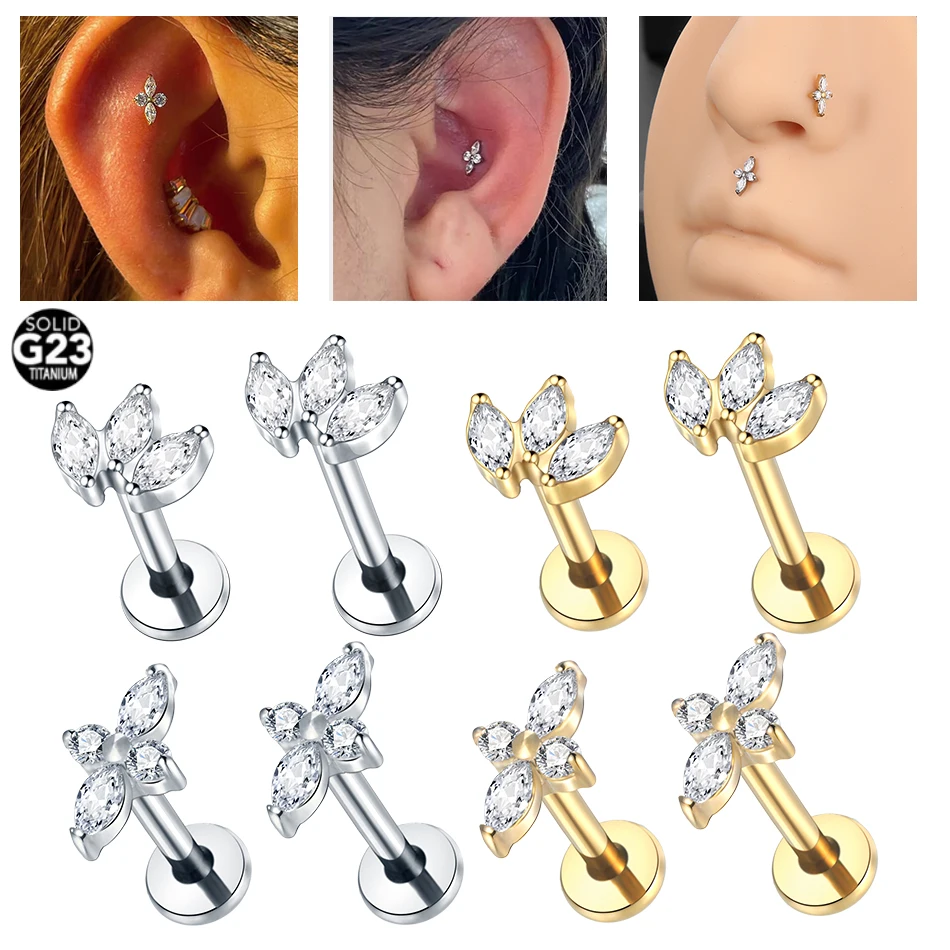 1PC Titanium Ear Tragus Earring Stud Internally Threaded 3 Marquise CZ Flower Cartilage Helix Labret Lip Piercings Jewelry 16G