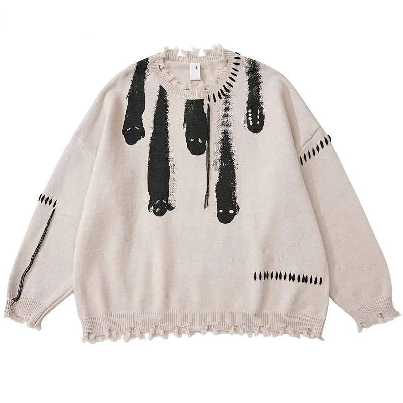 Streetwear Knitted Sweaters Men Hip Hop Y2K Grunge Ripped Ghost Print Gothic Jumpers Autumn Oversize Pullover Harajuku Sweater