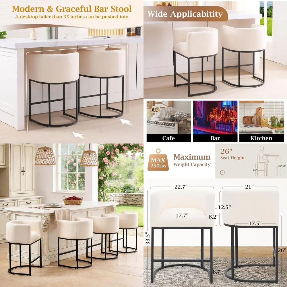 

Set of 4 Black Metal and Linen Upholstered Counter Height Bar Stools with Backrest and Arms, Beige